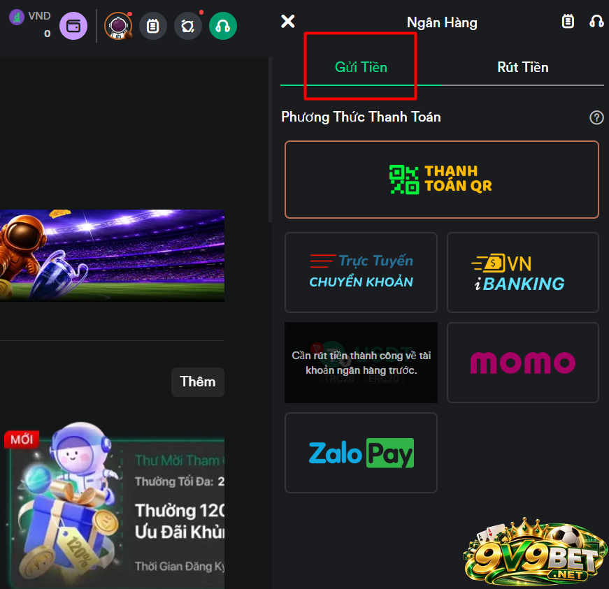 Người chơi đã tiến hành nạp tiền V9BET thành công 