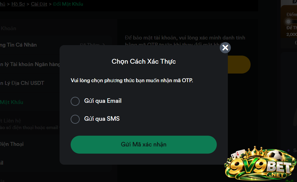 Người chơi cần tiến hành chọn cách xác thực để đổi mật khẩu