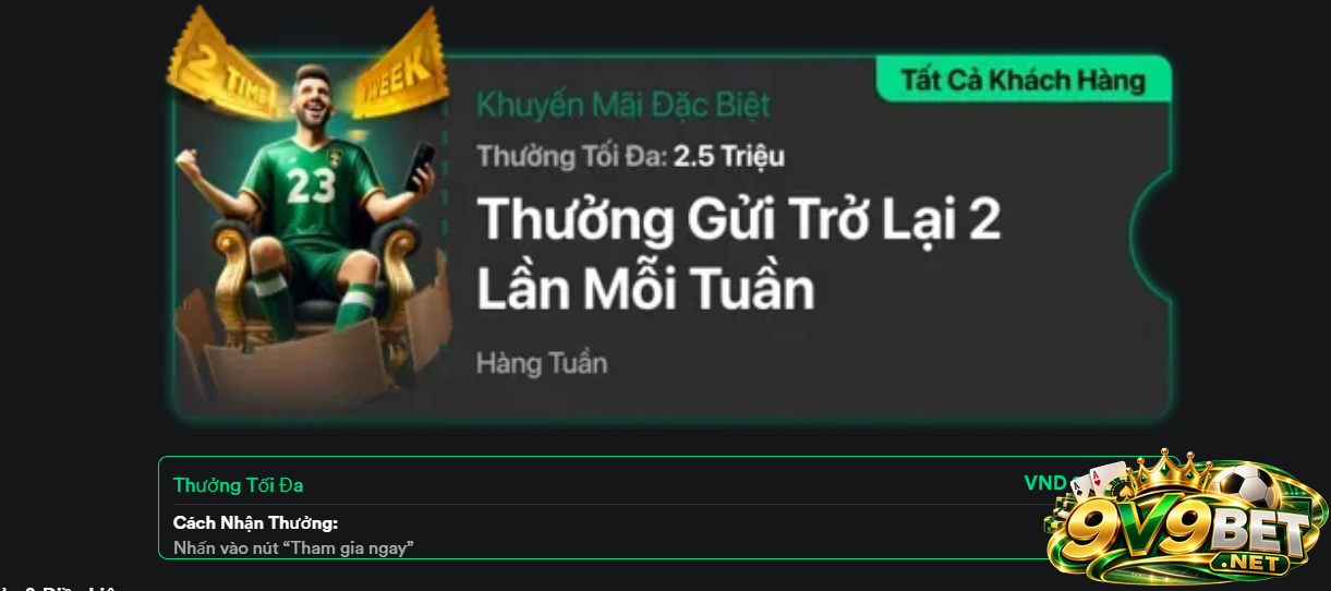 Hàng tuần người chơi thực hiện nạp tiền lại lần thứ hai cũng được nhận khuyến mãi V9BET hấp dẫn 