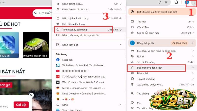 Cách đánh dấu link vào V9BET bằng điện thoại trên Chrome 