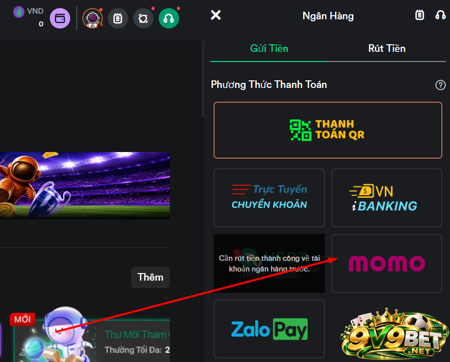 Người chơi lựa chọn phương thức nạp tiền V9BET Momo 