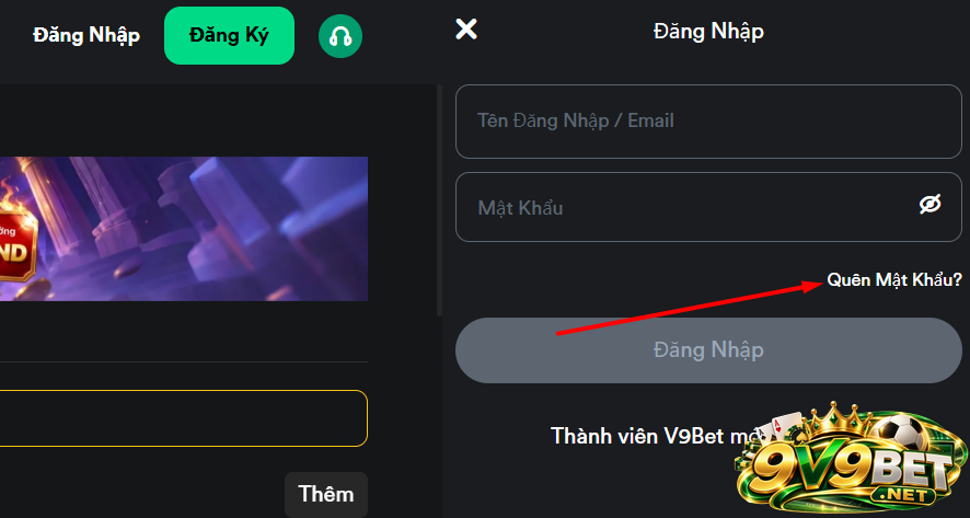 Chọn mục quên mật khẩu V9BET 