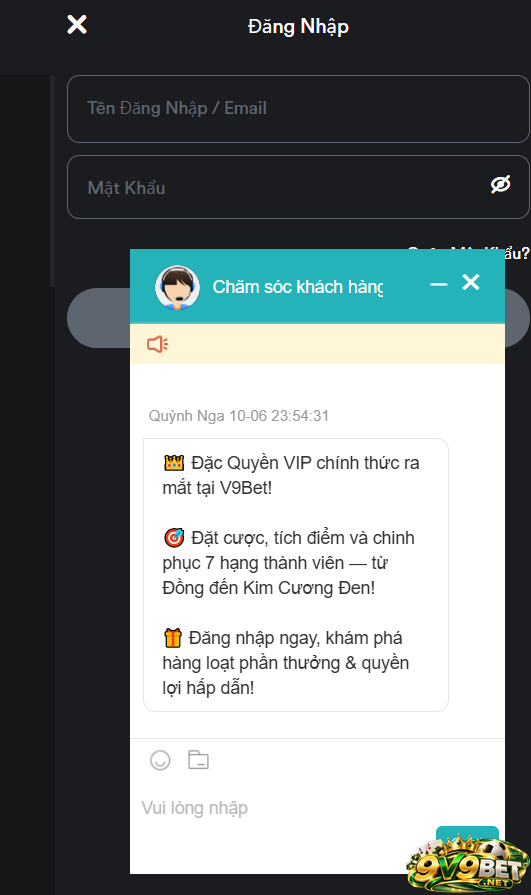 Anh em liên hệ với bộ phận chăm sóc khách hàng khi quên mật khẩu V9BET 