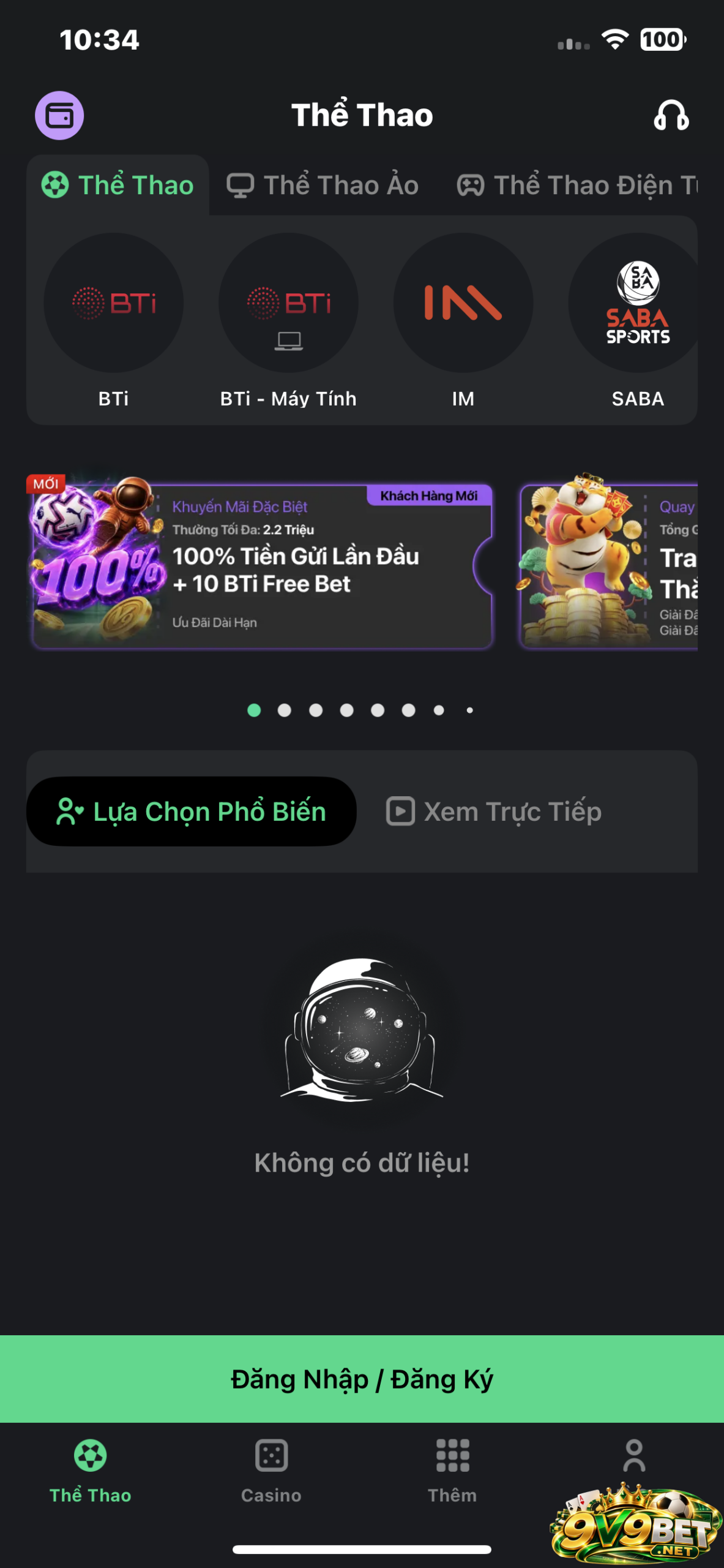 Giao diện trang chủ V9BET sau khi đã tải app thành công 
