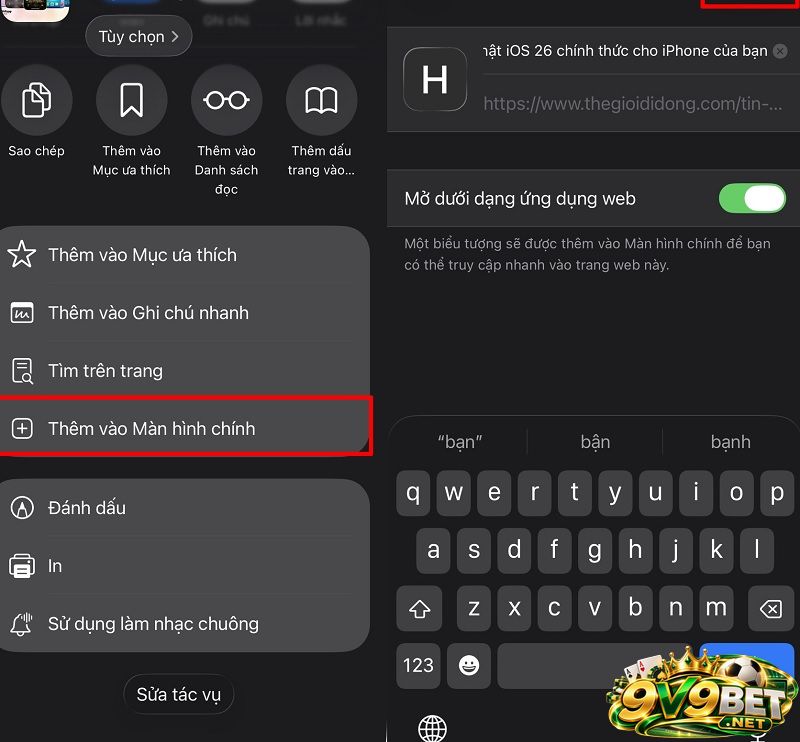 Thêm lối tắt PWA cho V9BET